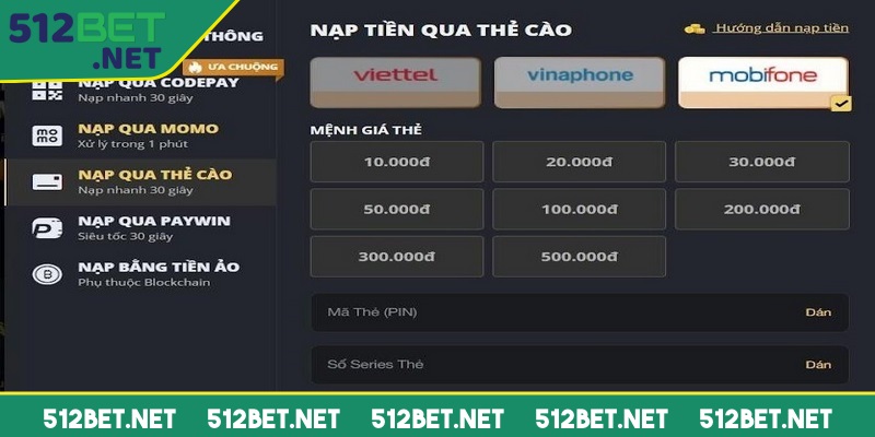 Người chơi chọn nhà mạng để nạp tiền E2BET